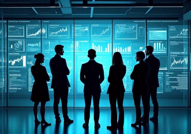 Team of analysts looking at data projections